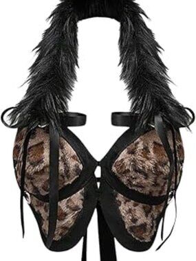 Y2K Leopard Print Halter Crop Sexy Backless Faux Fur Club Top Festival Outfit